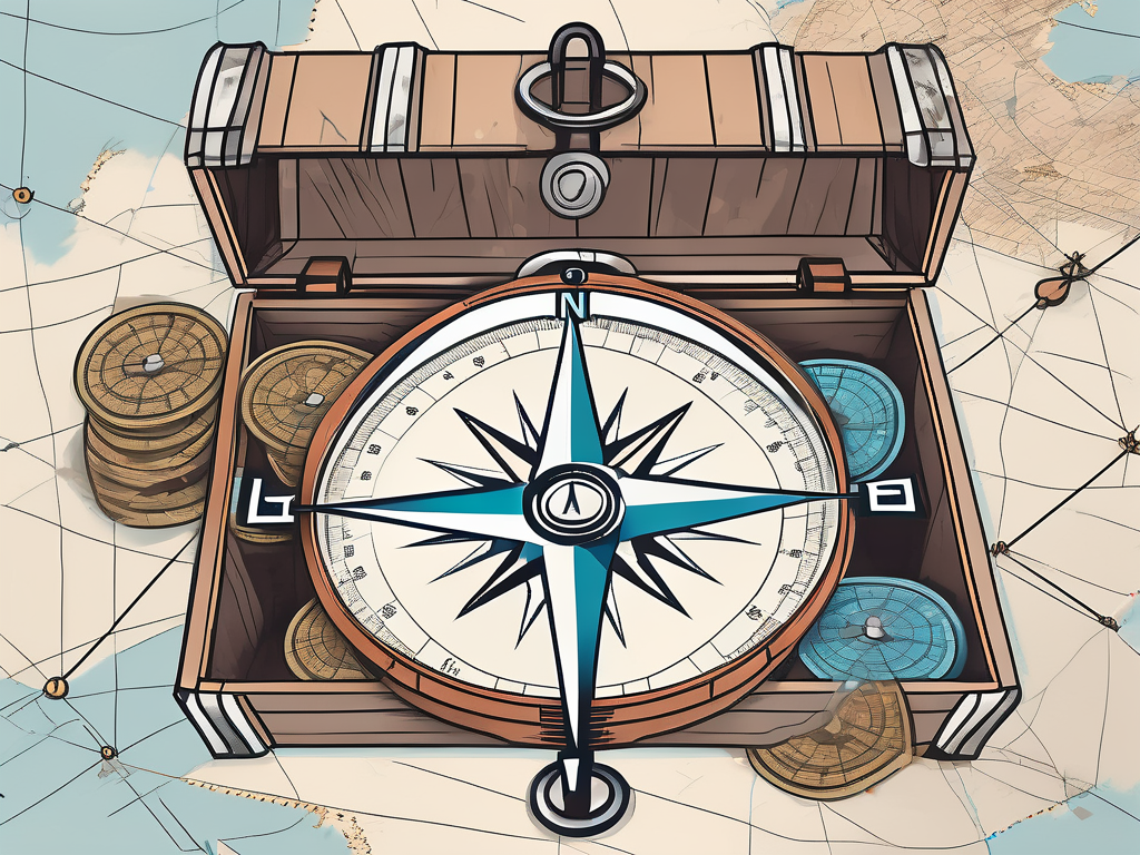 A compass pointing towards a treasure chest filled with leads